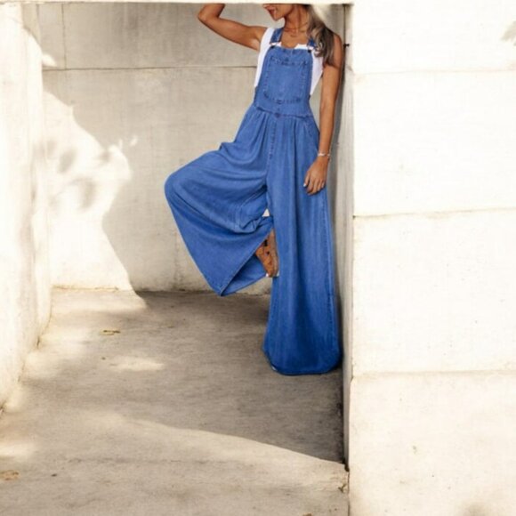 Pants - Wide Leg Tencel Denim Overalls